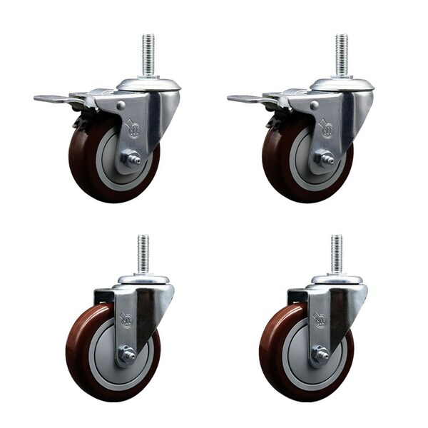 Service Caster 4 Inch Maroon Polyurethane Swivel 58 Inch Threaded Stem Caster Set 2 Total Lock Brakes SCC-TSTTL20S414-PPUB-MRN-58212-2-S-2 - main